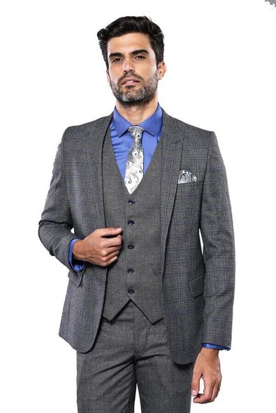 Ekose Slim Fit Siyah-Gri Yelekli Spor Takım Elbise - Wessi ürün görseli 1