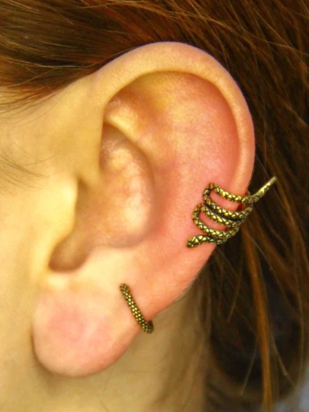 Vintage Antik 2'li Deliksiz Ear Cuff Ayarlanabilir Yılan Model Kıkırdak Küpe Seti eukk9 ürün görseli 1