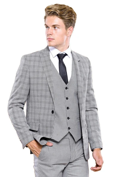 Ekose Gri Yelekli Slim Fit Takım Elbise | Wessi ürün görseli 1