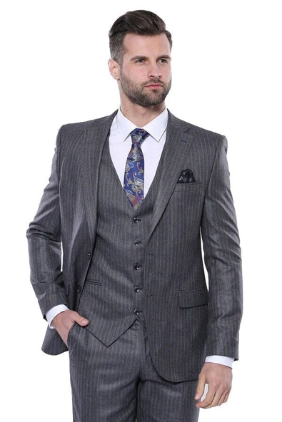 Çizgili Slim Fit Gri Yelekli Takım Elbise | Wessi - Wessi ürün görseli 1