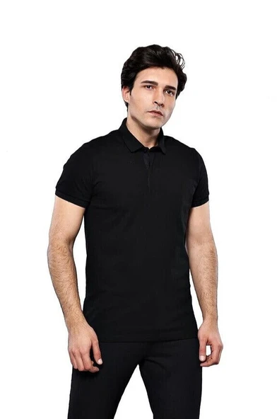 Polo Yaka Düz Siyah T-shirt | Wessi ürün görseli 1