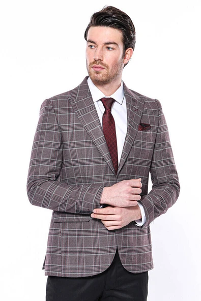 Ekose Slim Fit Bordo Erkek Ceket - Wessi ürün görseli 1