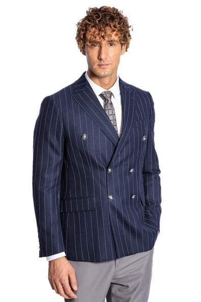 Kruvaze Slim Fit Çizgili Lacivert Erkek Ceket - Wessi ürün görseli 1