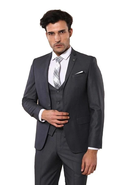 Düz Slim Fit Yelekli Füme Takım Elbise | Wessi ürün görseli 1