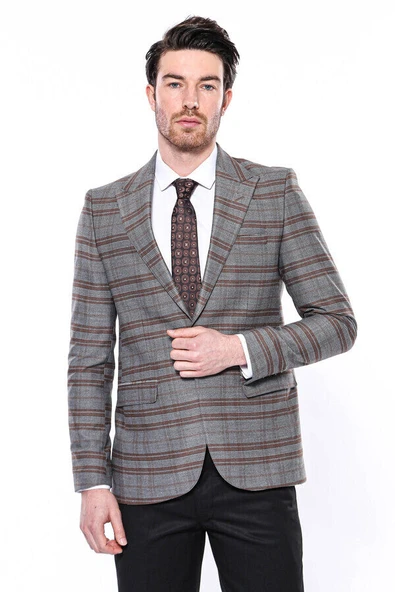 Ekose Desenli Slim Fit Kahverengi Erkek Ceket - Wessi ürün görseli 1