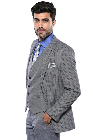 Ekose Lacivert Desen Slim Fit Yelekli Takım Elbise | Wessi ürün görseli 1
