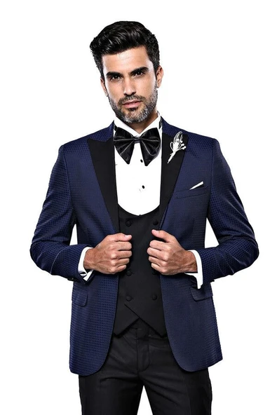 Wessi Erkek Ceket Desenli Lacivert Damatlık Slim Fit Takım Elbise - Wessi ürün görseli 1
