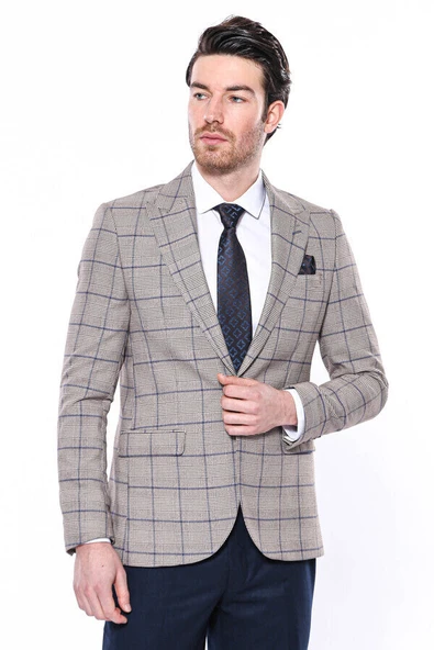 Ekose Slim Fit Bej Erkek Ceket - Wessi ürün görseli 1