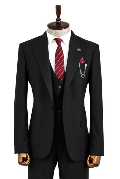 Sivri Yaka Tek Düğmeli Slim Fit Siyah Takım Elbise | Wessi ürün görseli 1