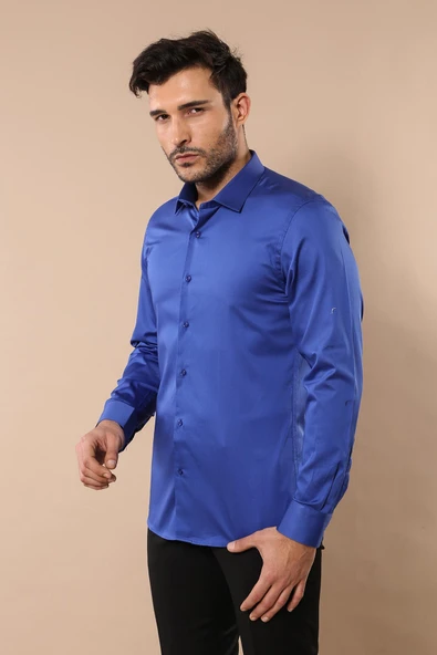 Pamuk Saten Slim Fit Desensiz Mavi Erkek Gömlek - Wessi ürün görseli 1