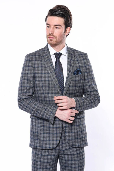 Ekose Slim Fit Lacivert Erkek Ceket - Wessi ürün görseli 1