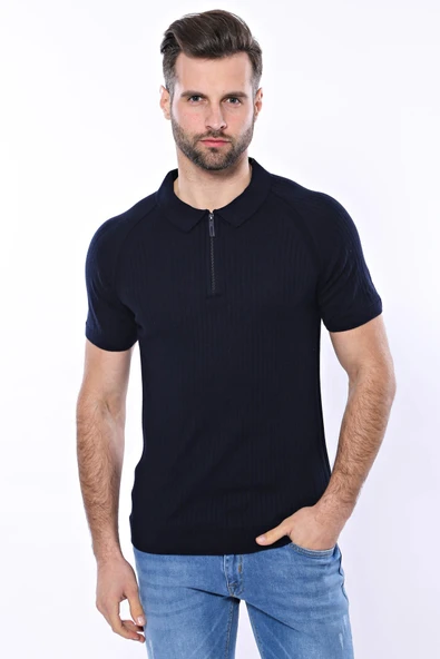 Kendinden Desenli Örme Bisiklet Yaka Lacivert Erkek T-shirt - Wessi ürün görseli 1