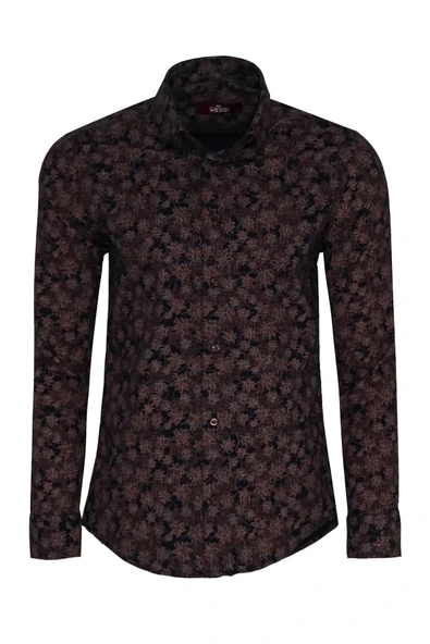 Çiçek Desenli Kahverengi Slim Fit Gömlek - Wessi ürün görseli 1