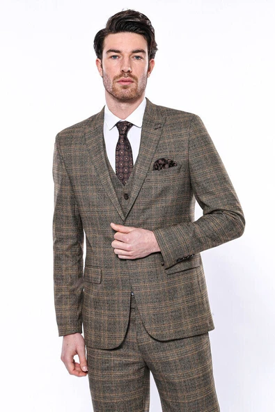 Ekose Desenli Slim Fit Kahverengi Erkek Ceket - Wessi ürün görseli 1