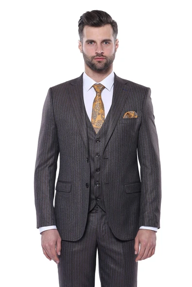 Çizgili Slim Fit Kahverengi Yelekli Takım Elbise | Wessi ürün görseli 1