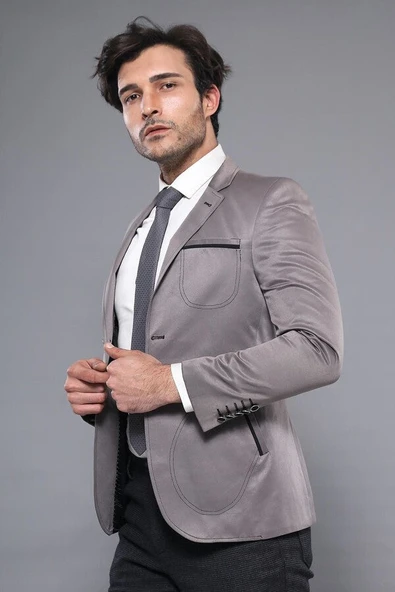 Yan Torba Cep Slim Fit Gri Ceket | Wessi - Resim 3