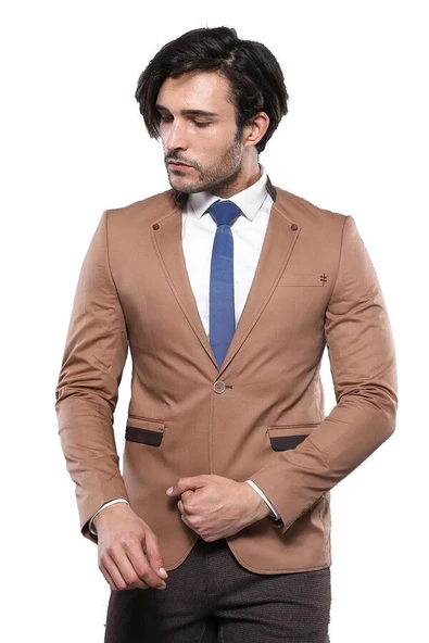 Tek Düğme Hakim Yaka Bej Erkek Ceket - Wessi ürün görseli 1