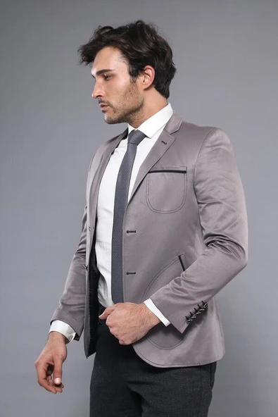Yan Torba Cep Slim Fit Gri Ceket | Wessi - Resim 4