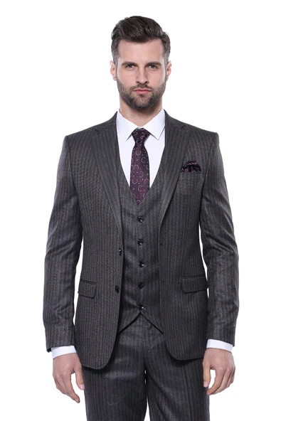 Çizgili Slim Fit Siyah Yelekli Takım Elbise - Wessi ürün görseli 1
