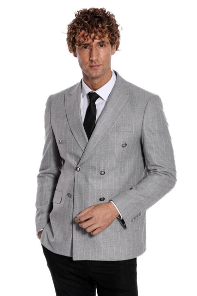 Kruvaze Slim Fit Çizgili Gri Erkek Ceket - Wessi ürün görseli 1