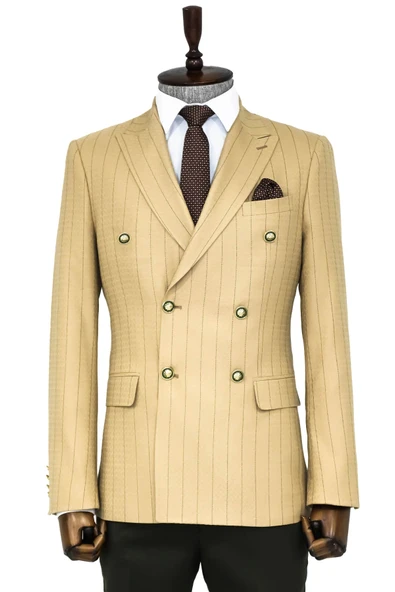 Kruvaze Slim Fit Çizgili Krem Erkek Ceket - Wessi ürün görseli 1
