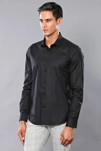 Düz Slim Fit Siyah Erkek Gömlek - Wessi ürün görseli 1