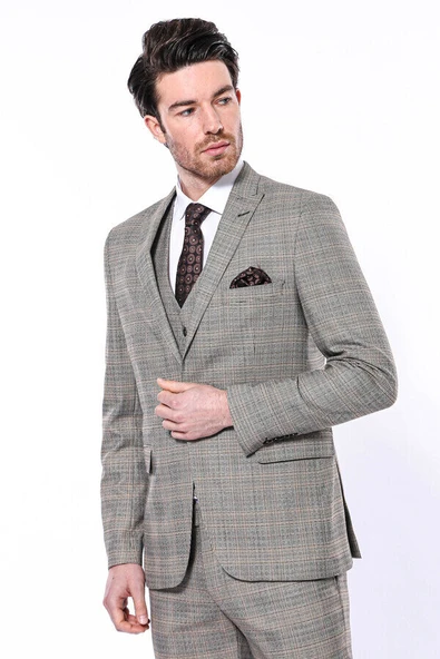 Ekose Slim Fit Bej Erkek Ceket - Wessi ürün görseli 1