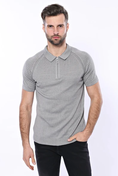 Polo Yaka Fermuarlı Örme Gri T-shirt | Wessi ürün görseli 1