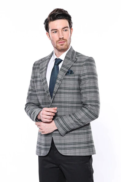 Ekose Slim Fit Tek Düğme Yeşil Erkek Ceket - Wessi ürün görseli 1