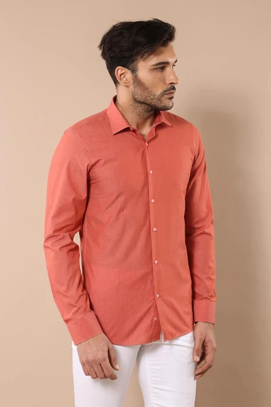 Desensiz Slim Fit Uzun Kollu Somon Rengi Erkek Gömlek - Wessi ürün görseli 1