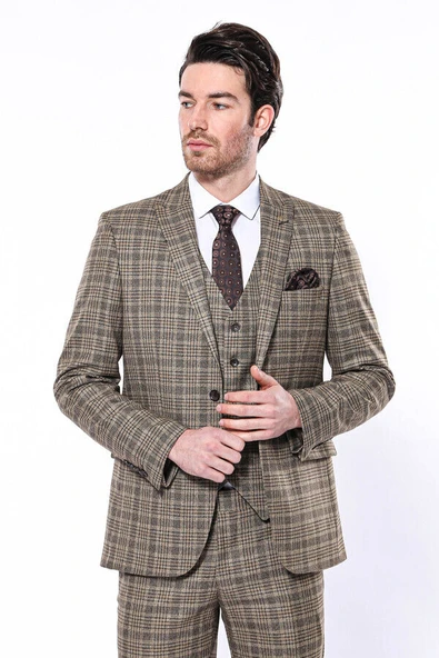 Ekose Slim Fit Kahverengi Erkek Ceket - Wessi ürün görseli 1