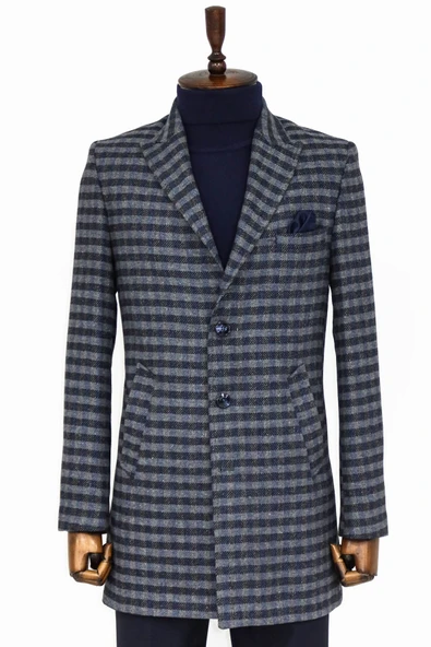 Kaşe Kareli Geniş Yaka Slim Fit Lacivert Erkek Palto - Wessi ürün görseli 1