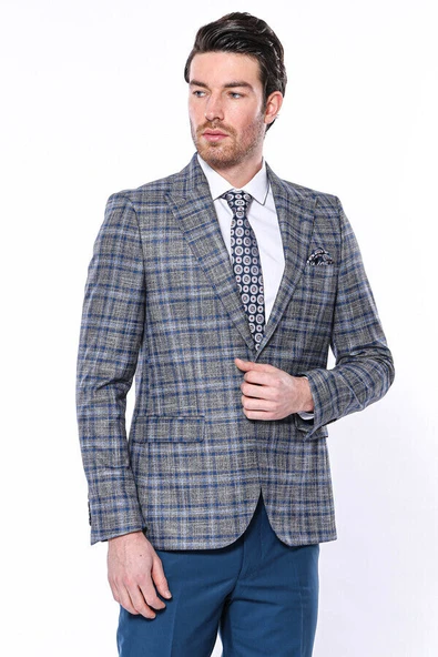 Ekose Slim Fit Tek Düğme Lacivert Erkek Ceket - Wessi ürün görseli 1