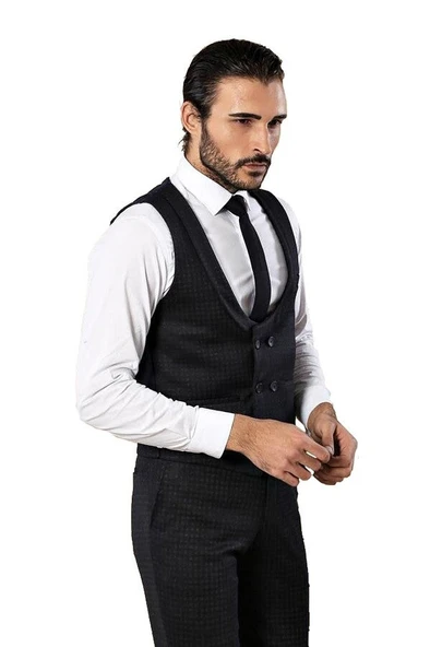 Desenli Kruvaze Lacivert Erkek Pantolon Yelek Set - Wessi ürün görseli 1