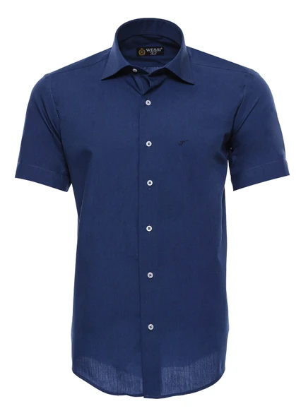 Terikoton Kısa Kollu Slim Fit Lacivert Erkek Gömlek - Wessi ürün görseli 1