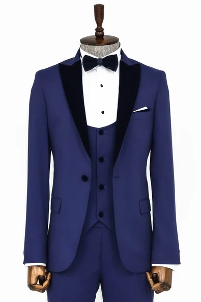Kadife Yaka Slim Fit Mavi Erkek Damatlık - Wessi ürün görseli 1