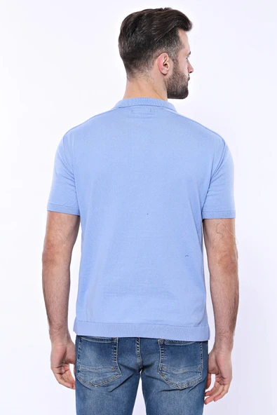 Polo Yaka Mavi Düz Örme T-shirt | Wessi - Resim 5