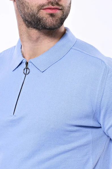 Polo Yaka Mavi Düz Örme T-shirt | Wessi - Resim 3