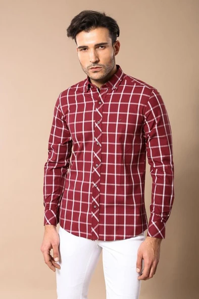 Ekoseli Slimfit Bordo Gömlek - Wessi ürün görseli 1