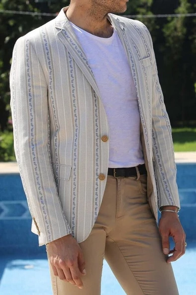 Çizgili Bej Slim Fit Ceket - Wessi - Resim 6