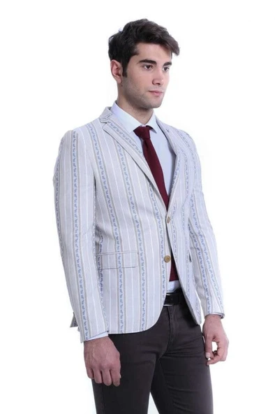 Çizgili Bej Slim Fit Ceket - Wessi - Resim 2