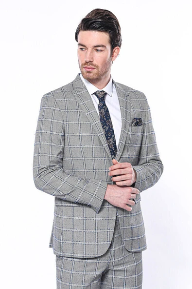 Ekose Slim Fit Gri Erkek Ceket - Wessi ürün görseli 1