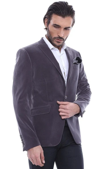 Kadife Slim Fit Gri Erkek Ceket - Wessi ürün görseli 1