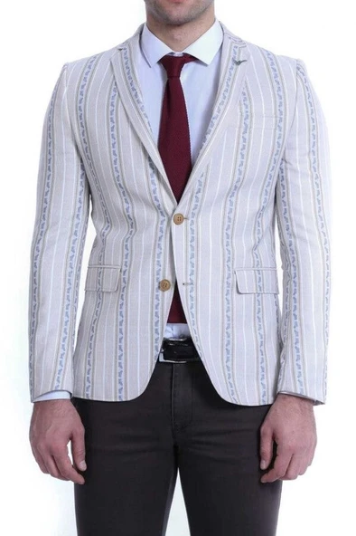 Çizgili Bej Slim Fit Ceket - Wessi ürün görseli 1