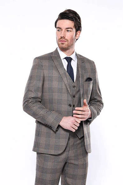 Kare Desenli Slim Fit Kahverengi Erkek Ceket - Wessi ürün görseli 1