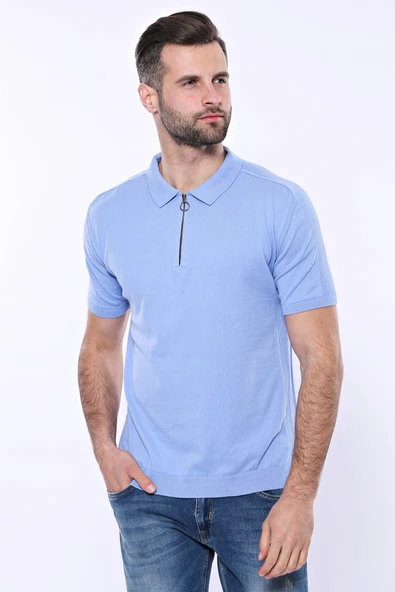 Polo Yaka Mavi Düz Örme T-shirt | Wessi ürün görseli 1