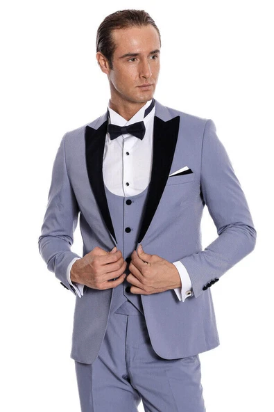 Kadife Yaka Slim Fit Açık Mavi Erkek Damatlık - Wessi ürün görseli 1