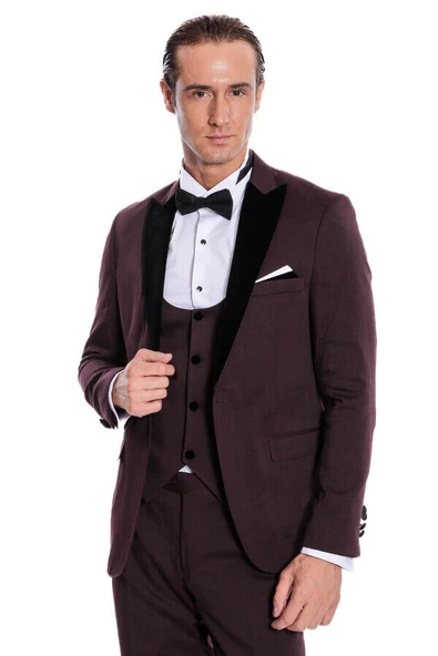 Kadife Yaka Slim Fit Bordo Erkek Damatlık - Wessi ürün görseli 1