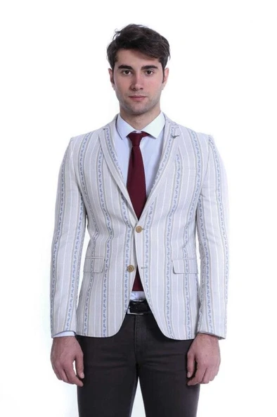 Çizgili Bej Slim Fit Ceket - Wessi - Resim 3