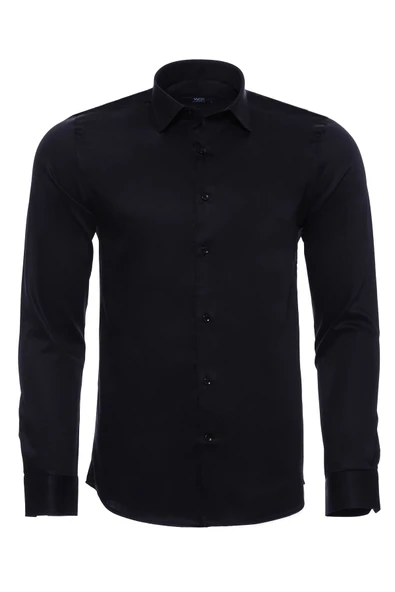 Pamuk Saten Slim Fit Siyah Erkek Gömlek - Wessi ürün görseli 1